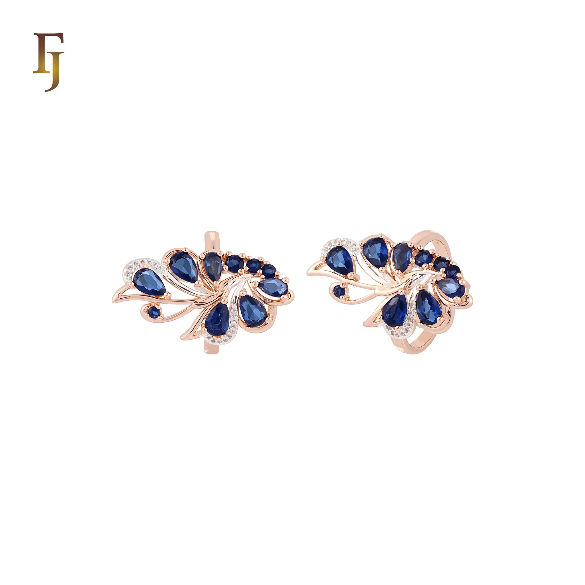 Luxurious Tip of the wing of peacock cluster deep blue Rose Gold two tone Fashion Rings