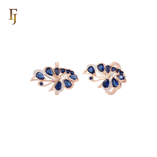 Luxurious Tip of the wing of peacock cluster deep blue Rose Gold two tone Fashion Rings