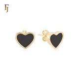 Wide Heart shaped of Black or White Onyx 14K Gold, Rose Gold Stud Earrings