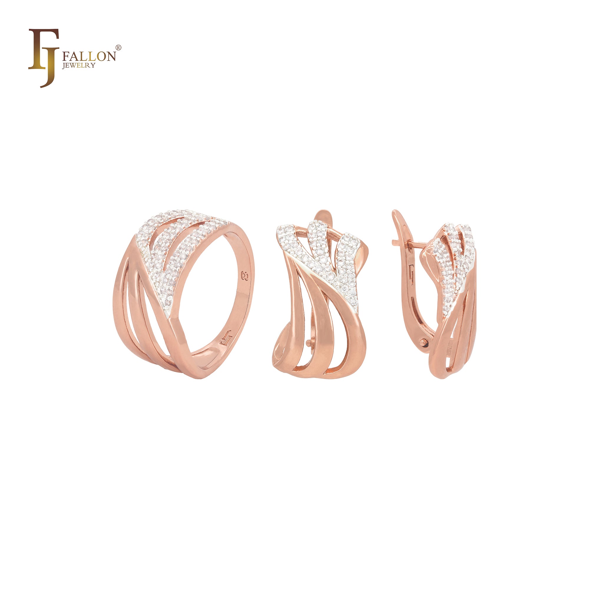 Conjunto de joyas de oro rosa con anillos y tres filas entrelazadas con circonitas blancas