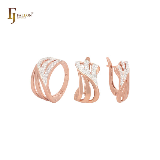 Conjunto de joyas de oro rosa con anillos y tres filas entrelazadas con circonitas blancas