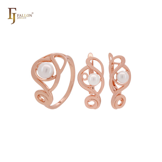 Conjunto de joias de ouro rosa com pérolas curvas entrelaçadas e anéis