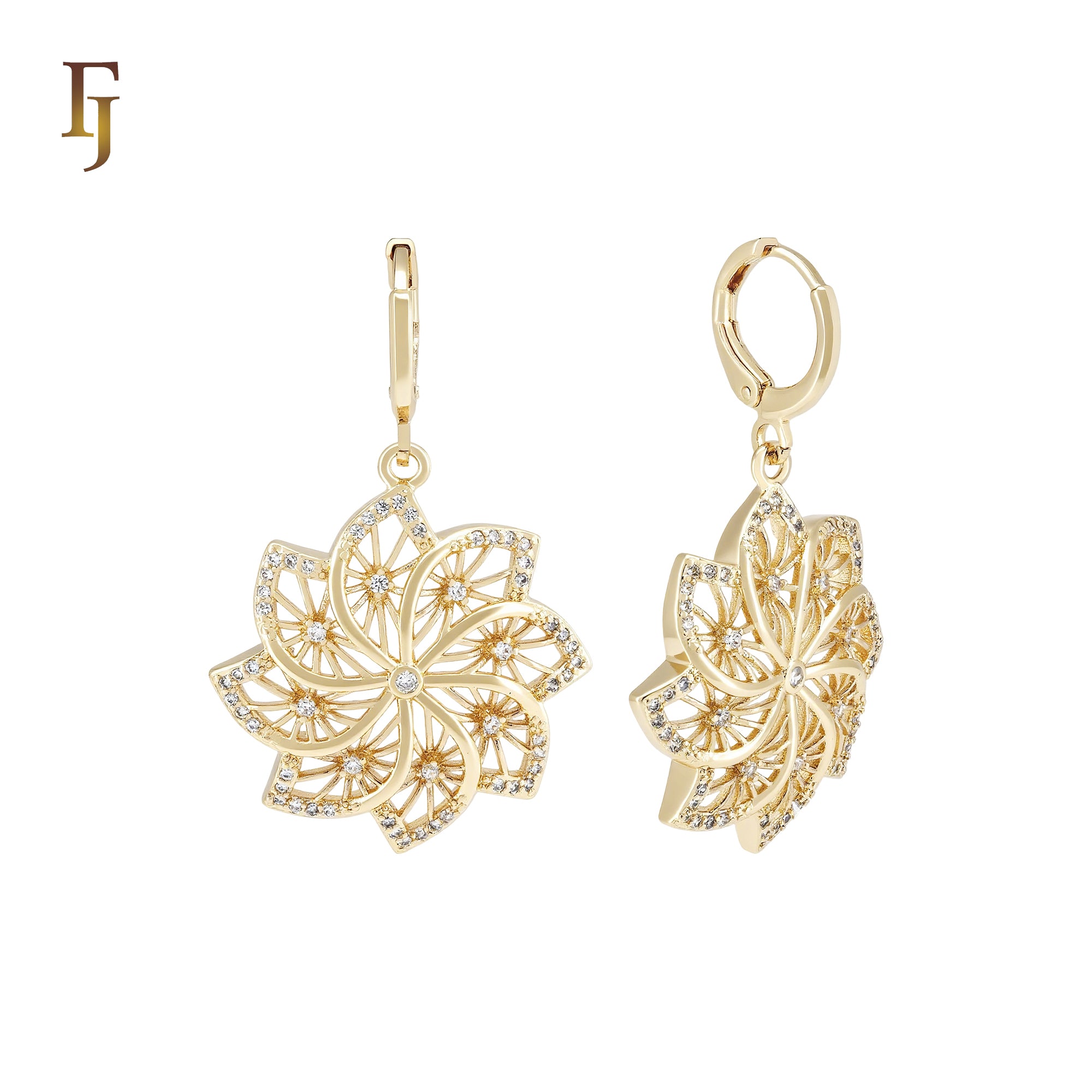 Elegant Spining snowflake white CZs Maple 14K Gold drop Huggie Earrings