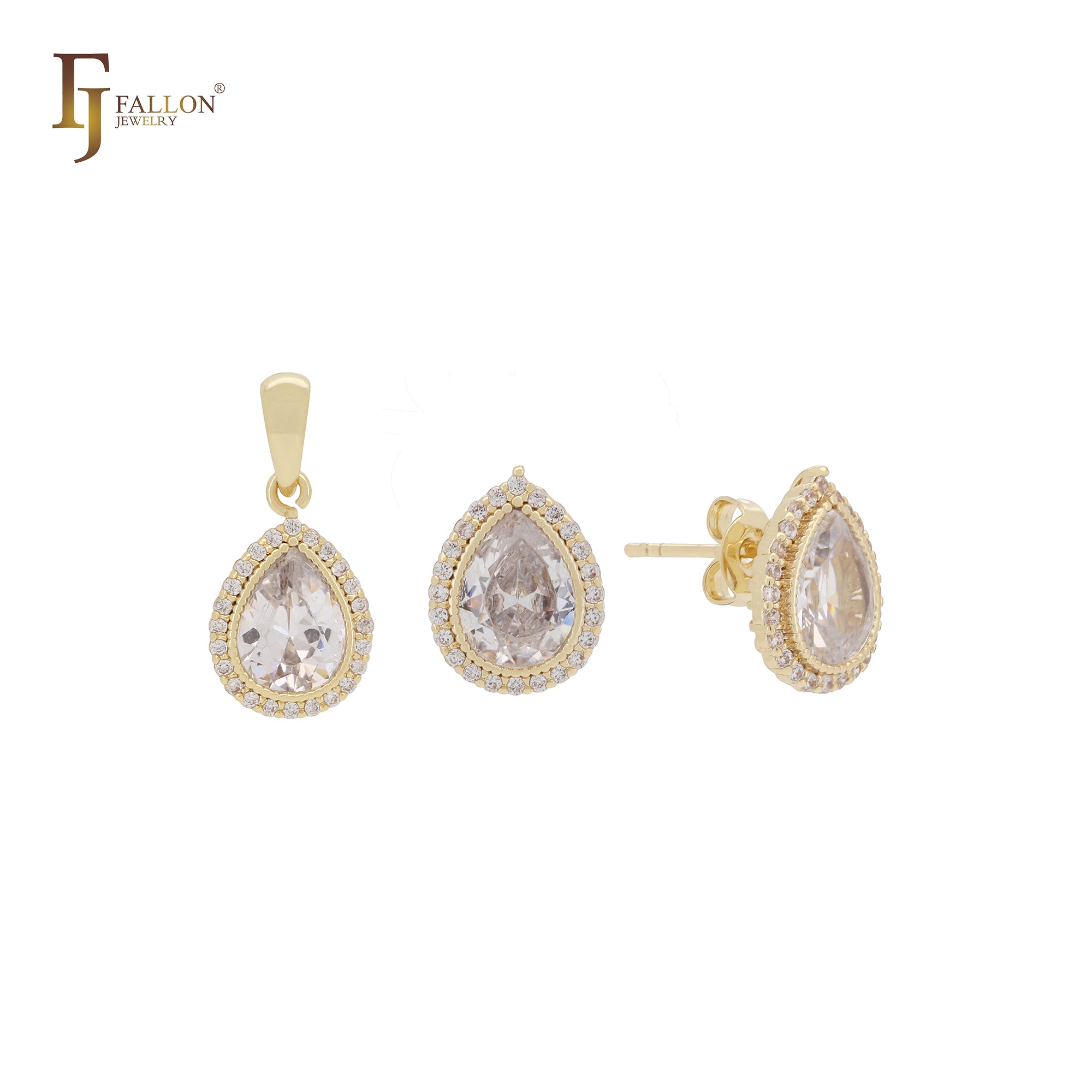 Conjunto de joyería solitario de oro de 14 quilates con halo en forma de pera y lágrima de circonita blanca con colgante