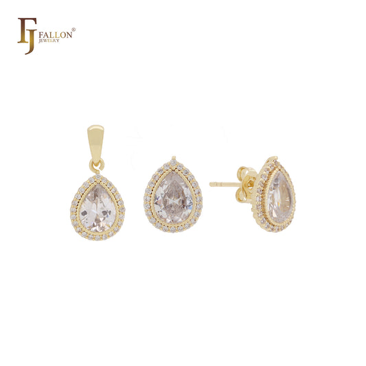 Conjunto de joyería solitario de oro de 14 quilates con halo en forma de pera y lágrima de circonita blanca con colgante