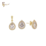 Conjunto de joyería solitario de oro de 14 quilates con halo en forma de pera y lágrima de circonita blanca con colgante