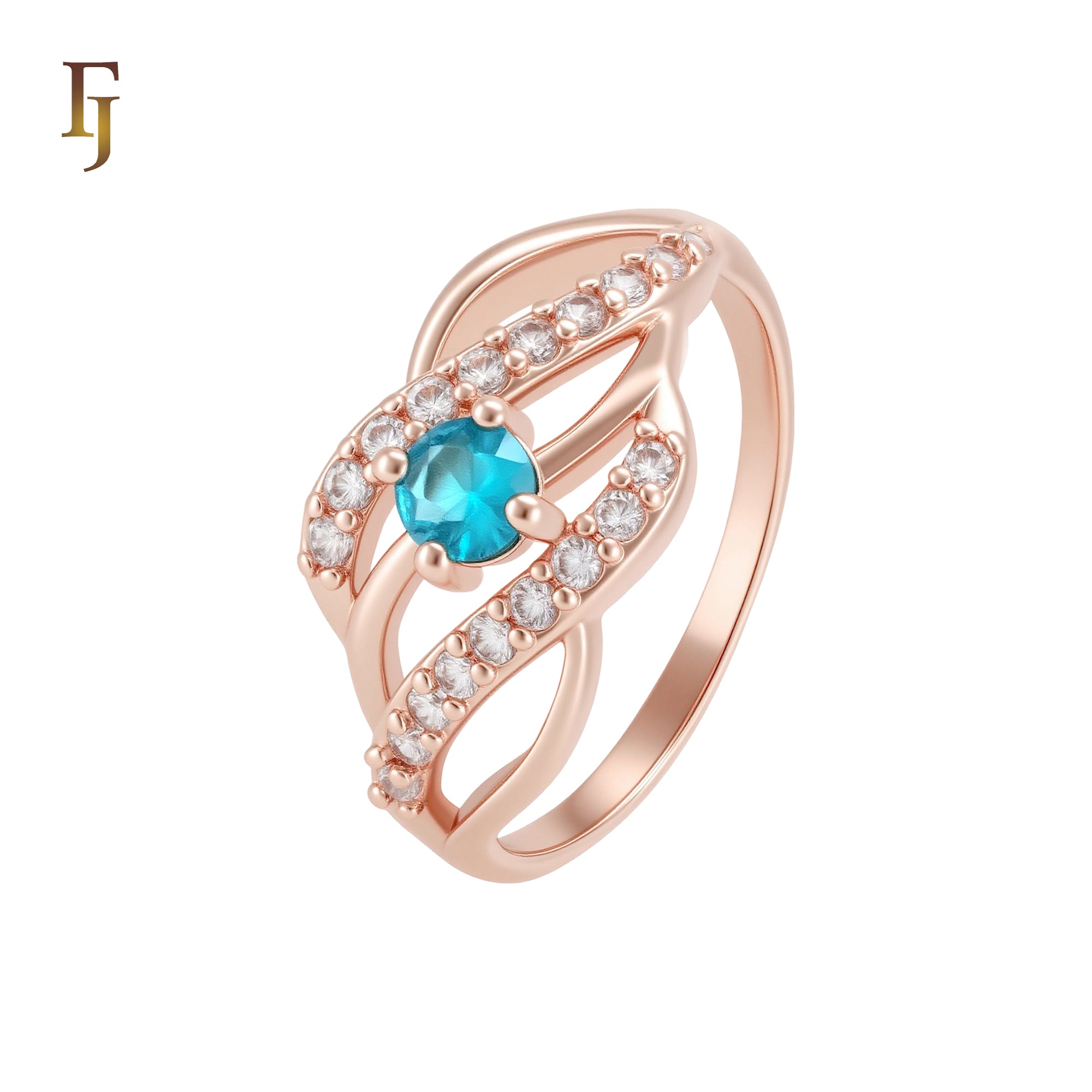 Double Rows of white CZs Solitaire blue CZ Rose Gold Fashion Rings