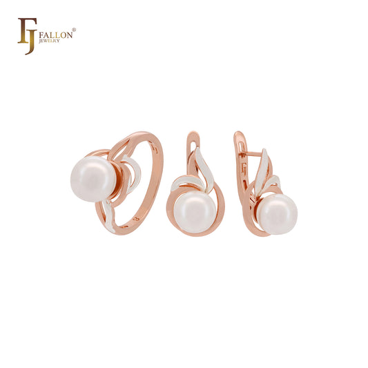 Conjunto de joias da moda elegantes, redondas, de pérolas, ouro rosa, dois tons, com anéis