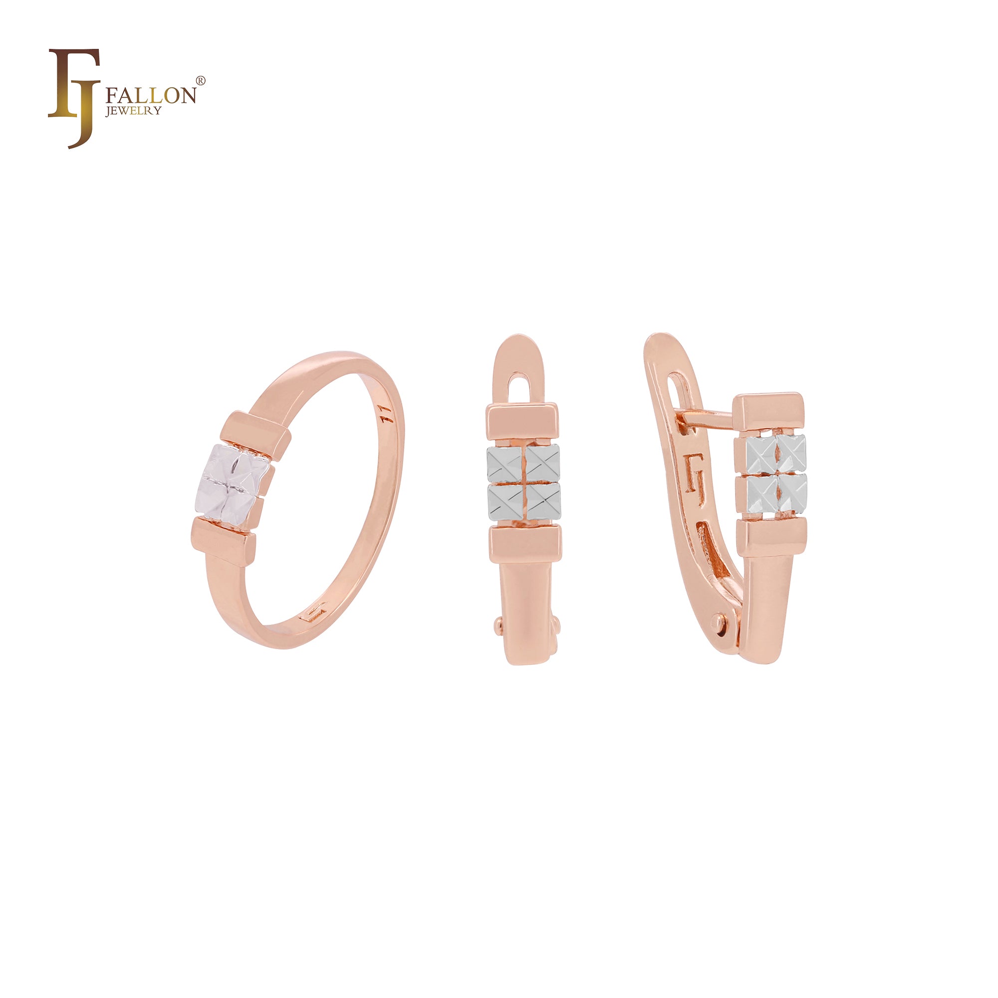 Conjunto de joyas minimalistas de cuatro rombos cruzados cuadrados en oro rosa de dos tonos con anillos