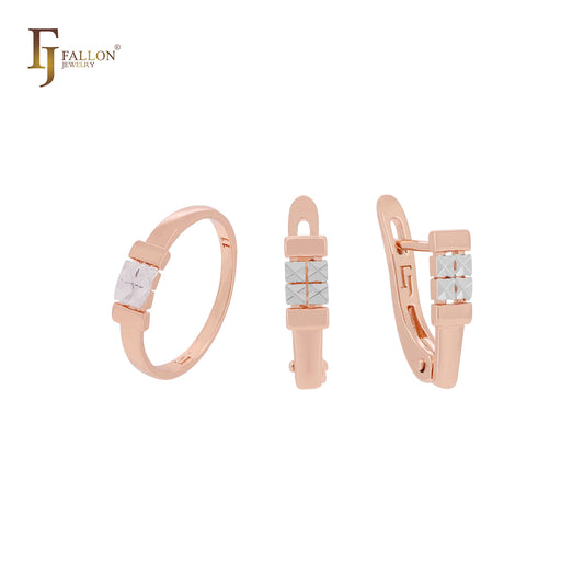 Conjunto de joyas minimalistas de cuatro rombos cruzados cuadrados en oro rosa de dos tonos con anillos