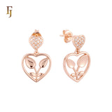 Heart of white CZs cluster drop Heart of flower 14K Gold Stud Earrings