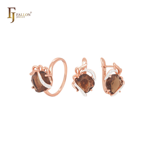 Elegante conjunto de joyas de oro rosa con anillos y circonita cúbica en forma de corazón con corte de cojín.