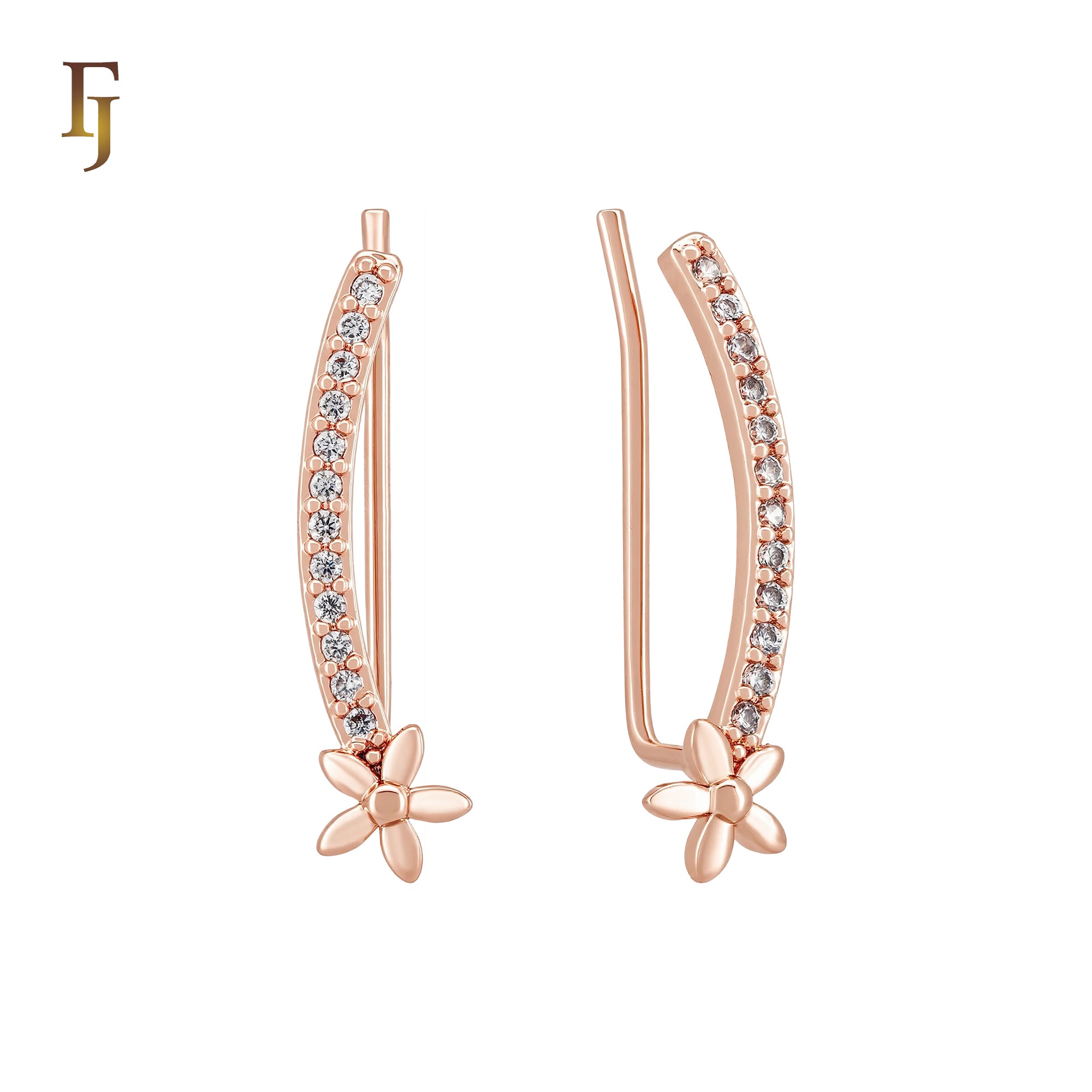 Long paved white CZs little flower Rose Gold Crawler Earrings Ear Climber