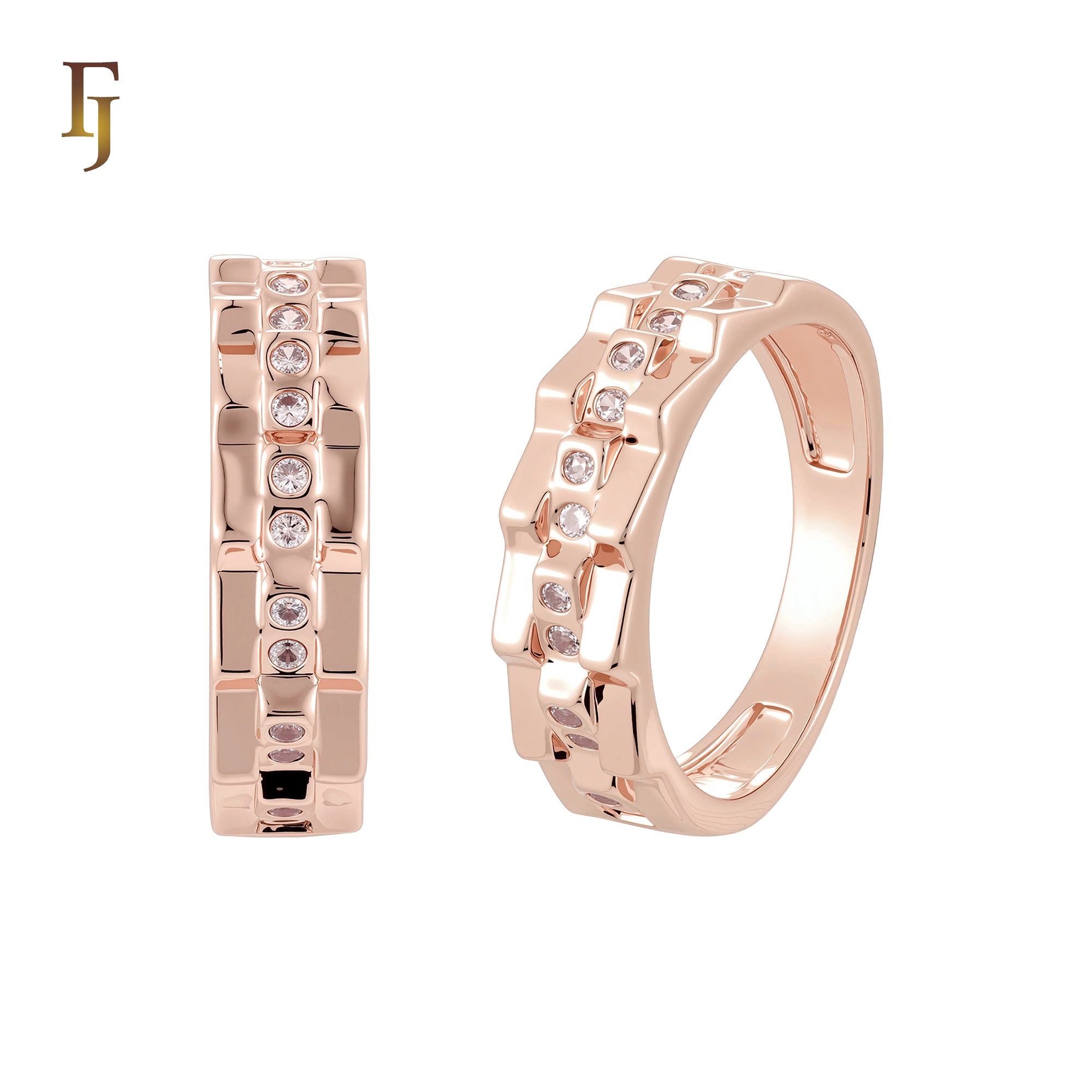Double Tooth edged white CZs 14K Gold, Rose Gold Wedding Set Rings Engagement and Band