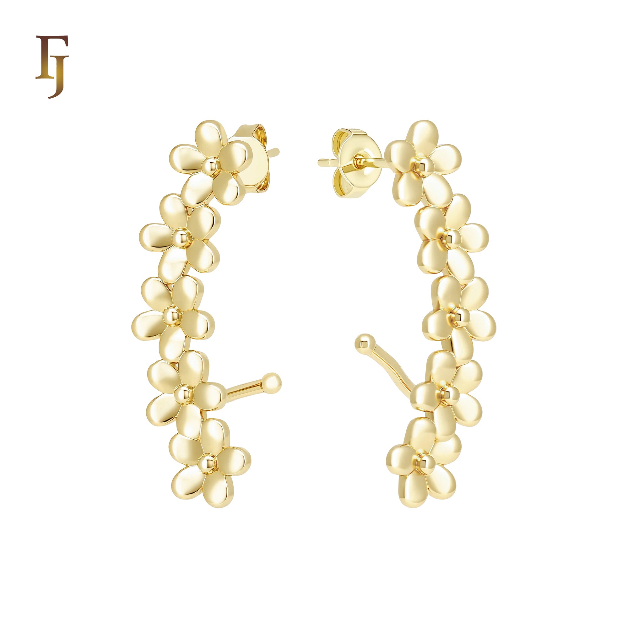 Five Petals flower cluster 14K Gold, Rose Gold Cuff Stud Earrings