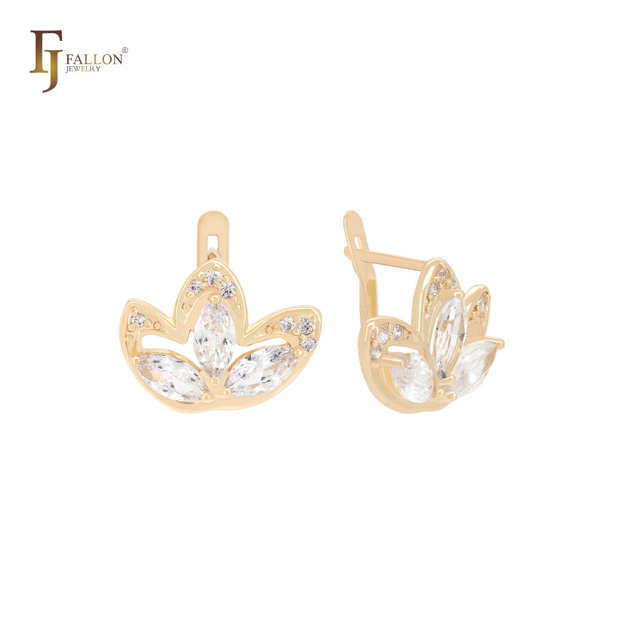 Pendientes de clip en oro de 14 quilates con circonitas blancas en forma de flor de loto