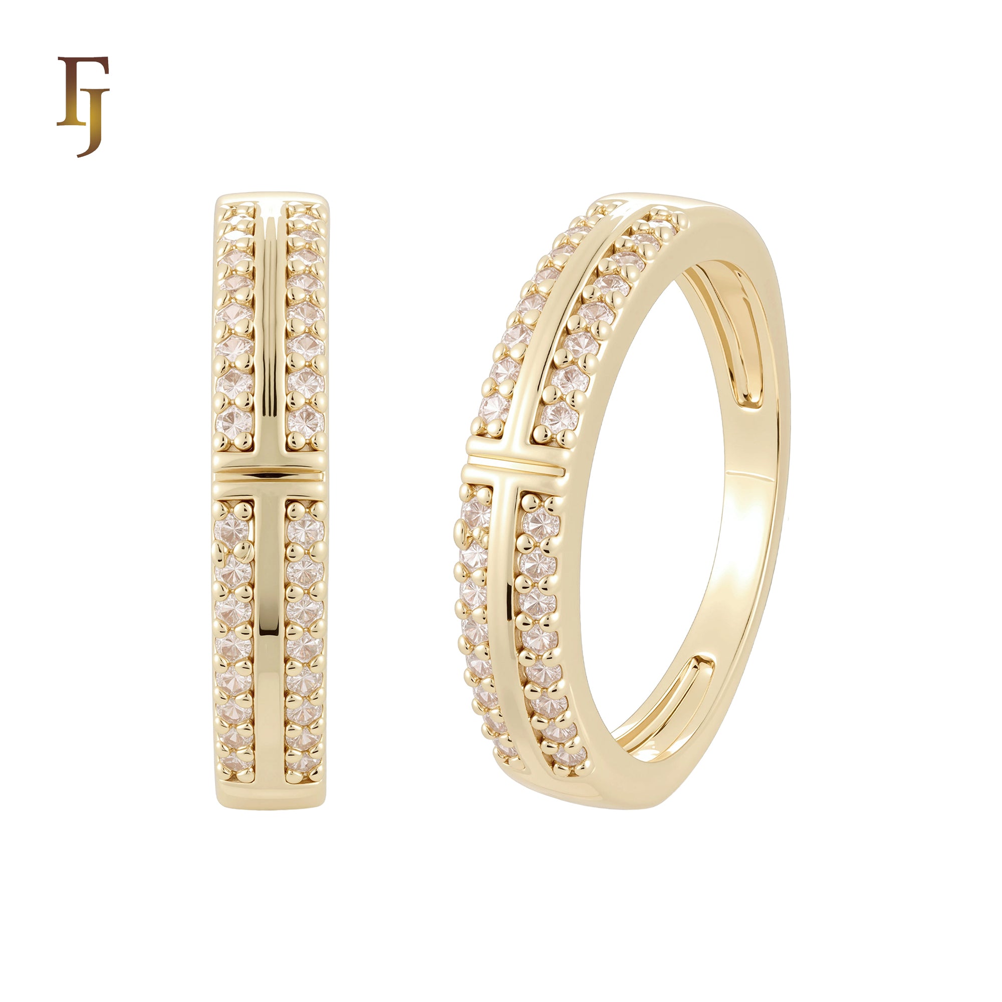 Solitaire and Cros double band paved white CZs 14K Gold, Rose Gold Wedding Set Rings Engagement and Band