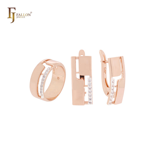 Conjunto de joyas de dos tonos en oro rosa con circonitas blancas cuadradas y anillos