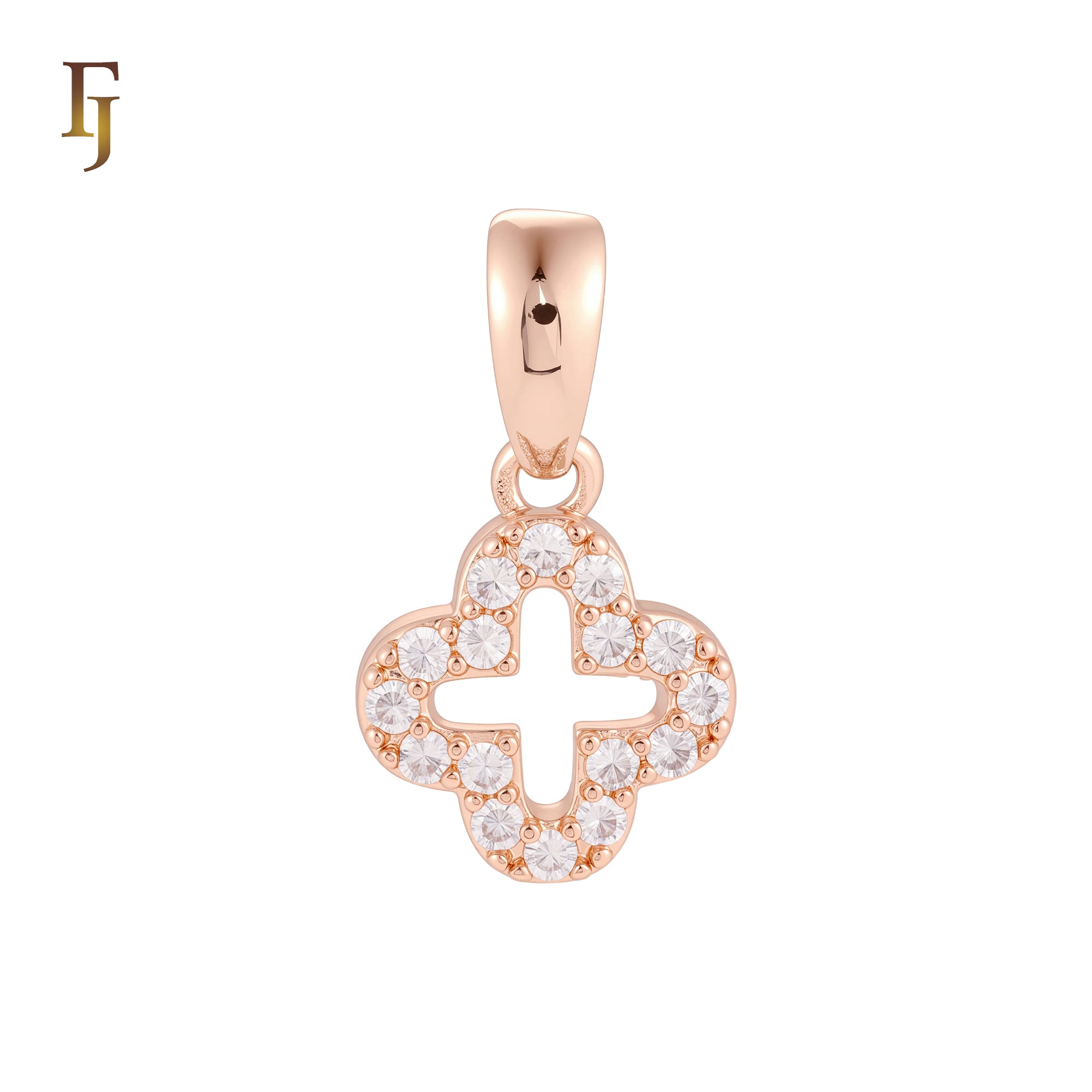 Tiny white CZs cluster Rose Gold Clover pendant