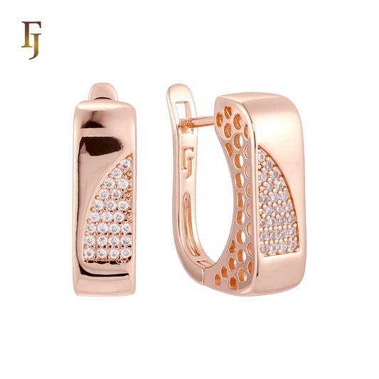 Geometric white CZs Rose Gold Chuncky Russian Lock Earrings