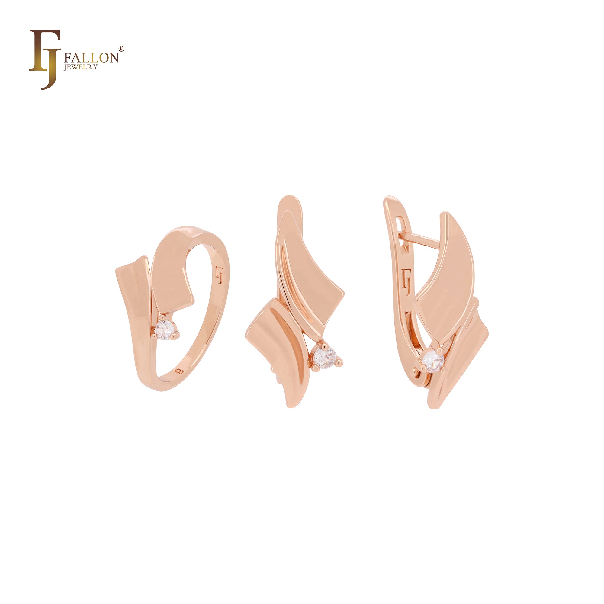 Conjunto de joyas de oro rosa con lazos de doble toque y anillos