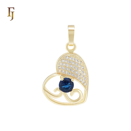 Solittaire Deep blue stone paved white CZs 14K Gold Heart Pendant