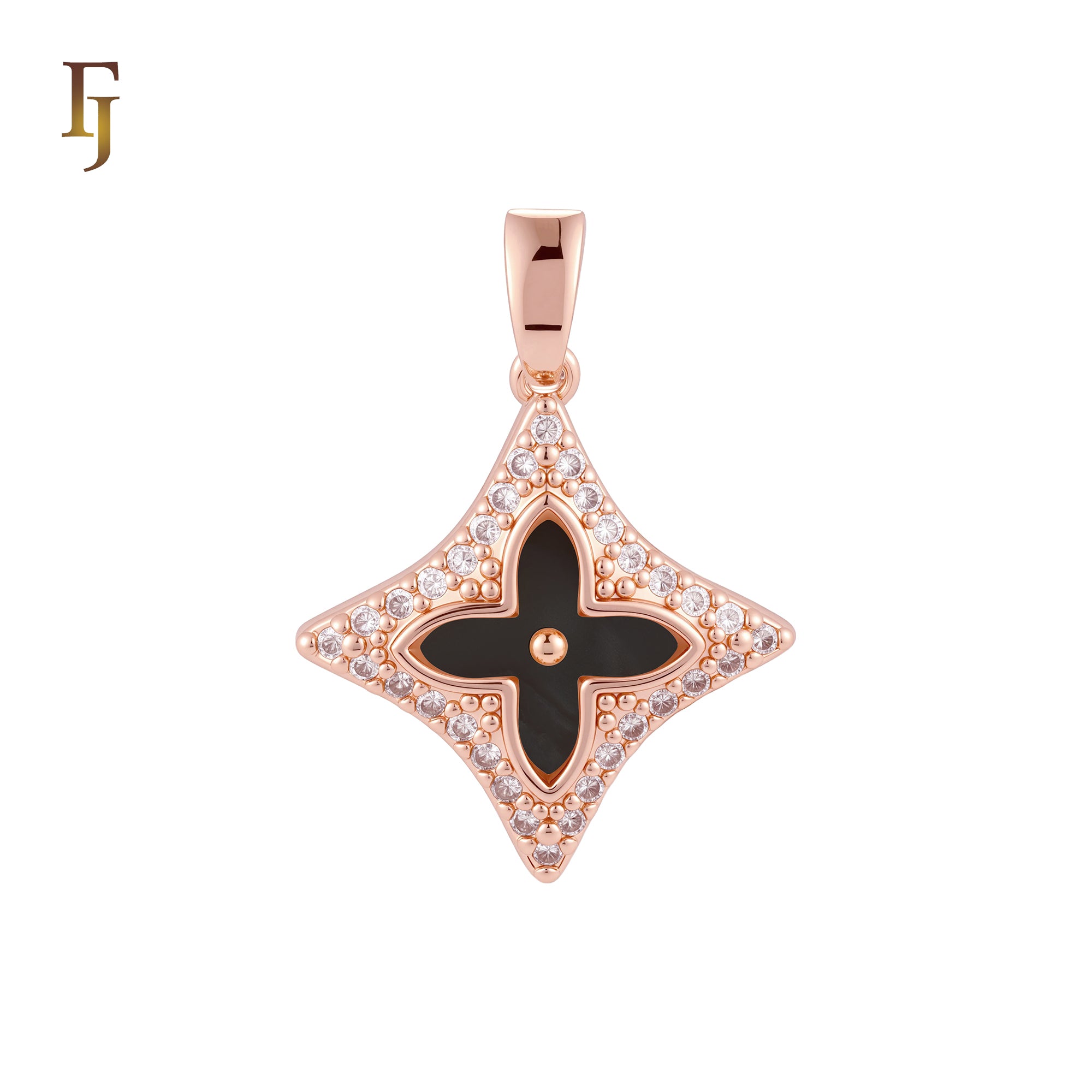 Lucky star Halo white CZs Clover of Black or white Onyx 14K Gold, Rose Gold Pendant