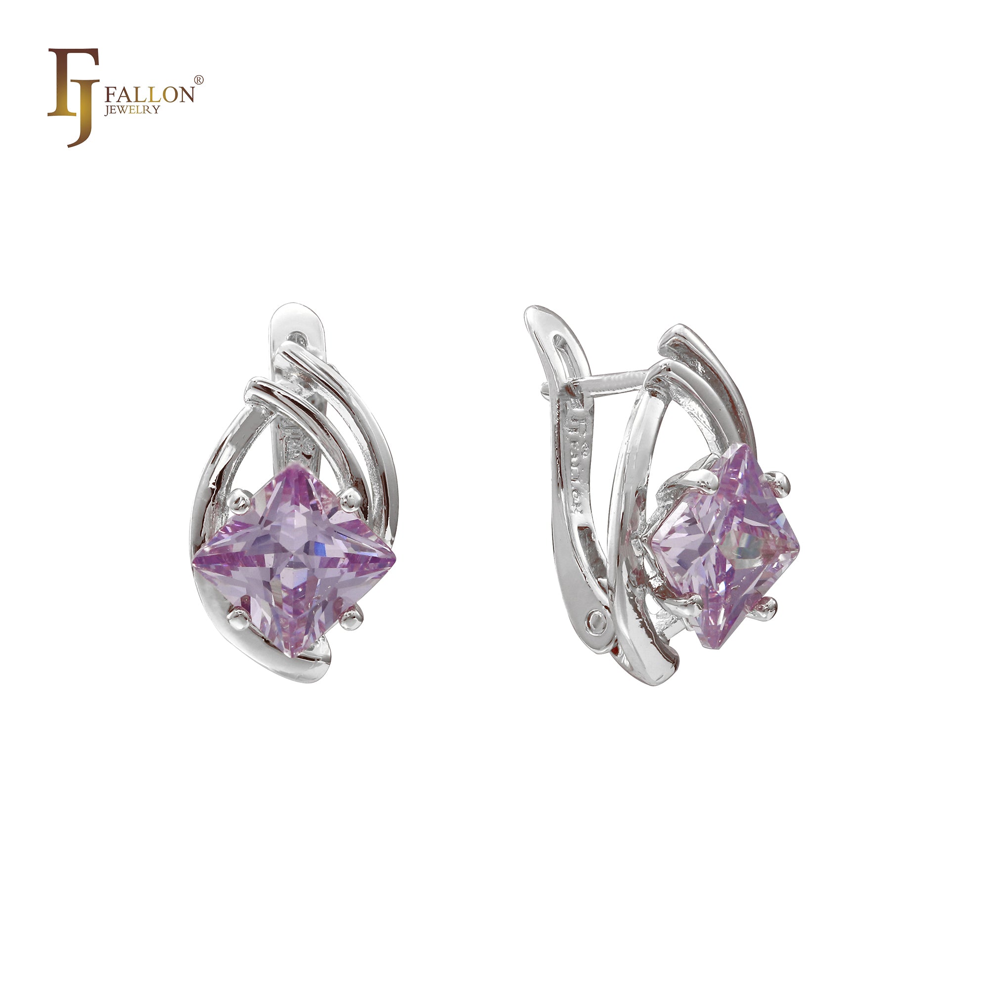 Pendientes de oro blanco y oro rosa con circonitas cúbicas de colores y corte rombo solitario
