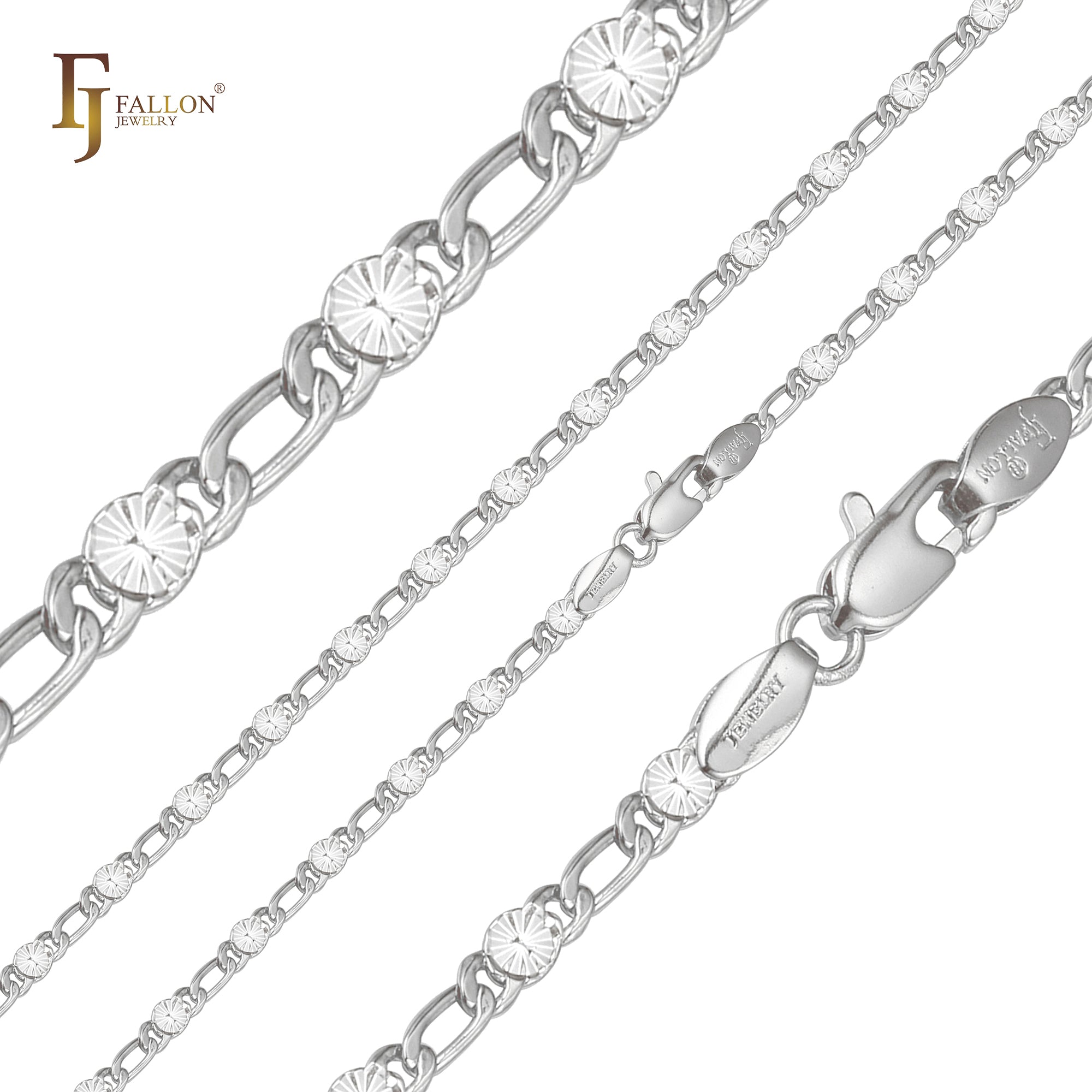 Figaro Fancy link sunburst hammered chains plated in 14K Gold, Rose Gold, two tone