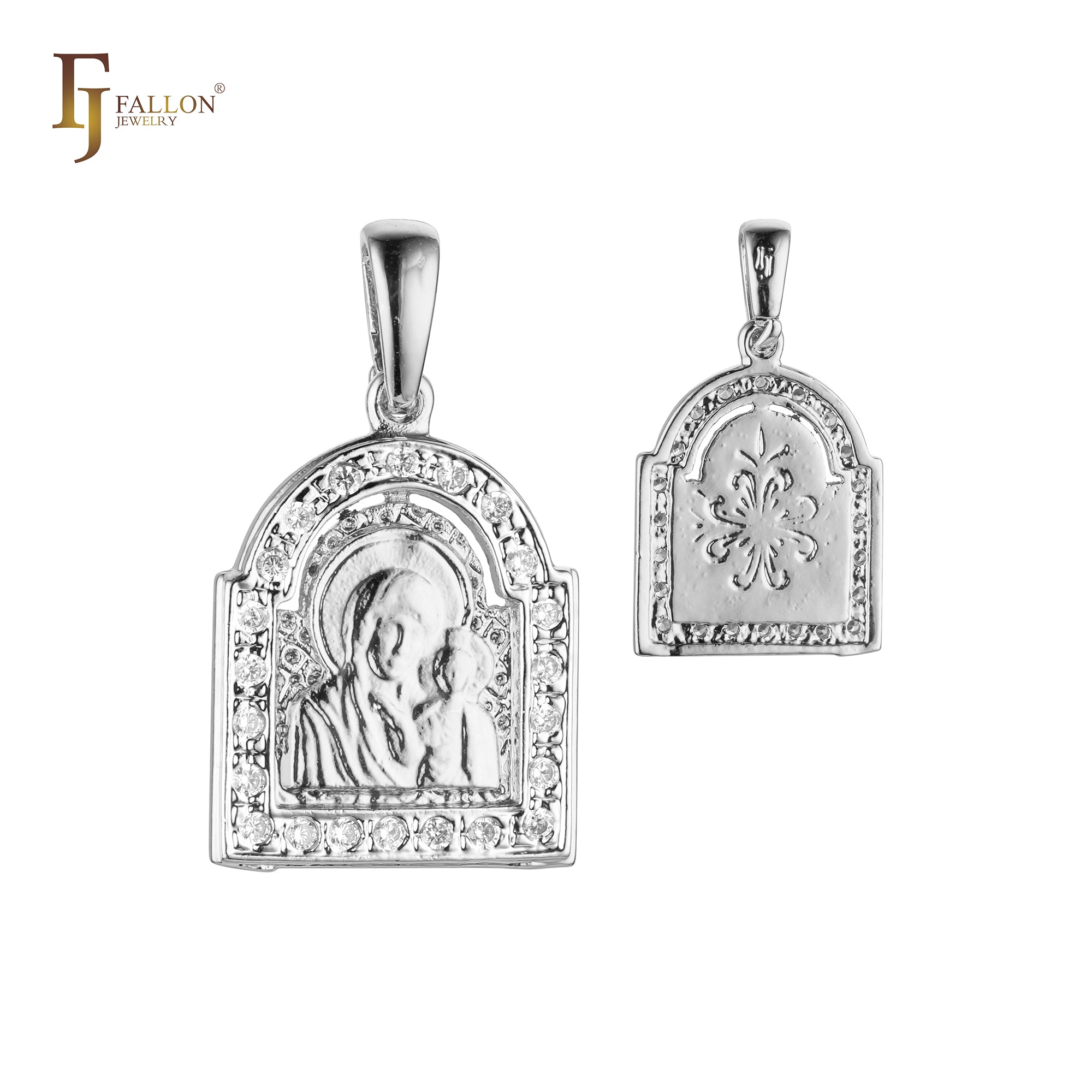 Virgin Mary of Kazan Paved white CZs White Gold, Rose Gold, two tone pendant