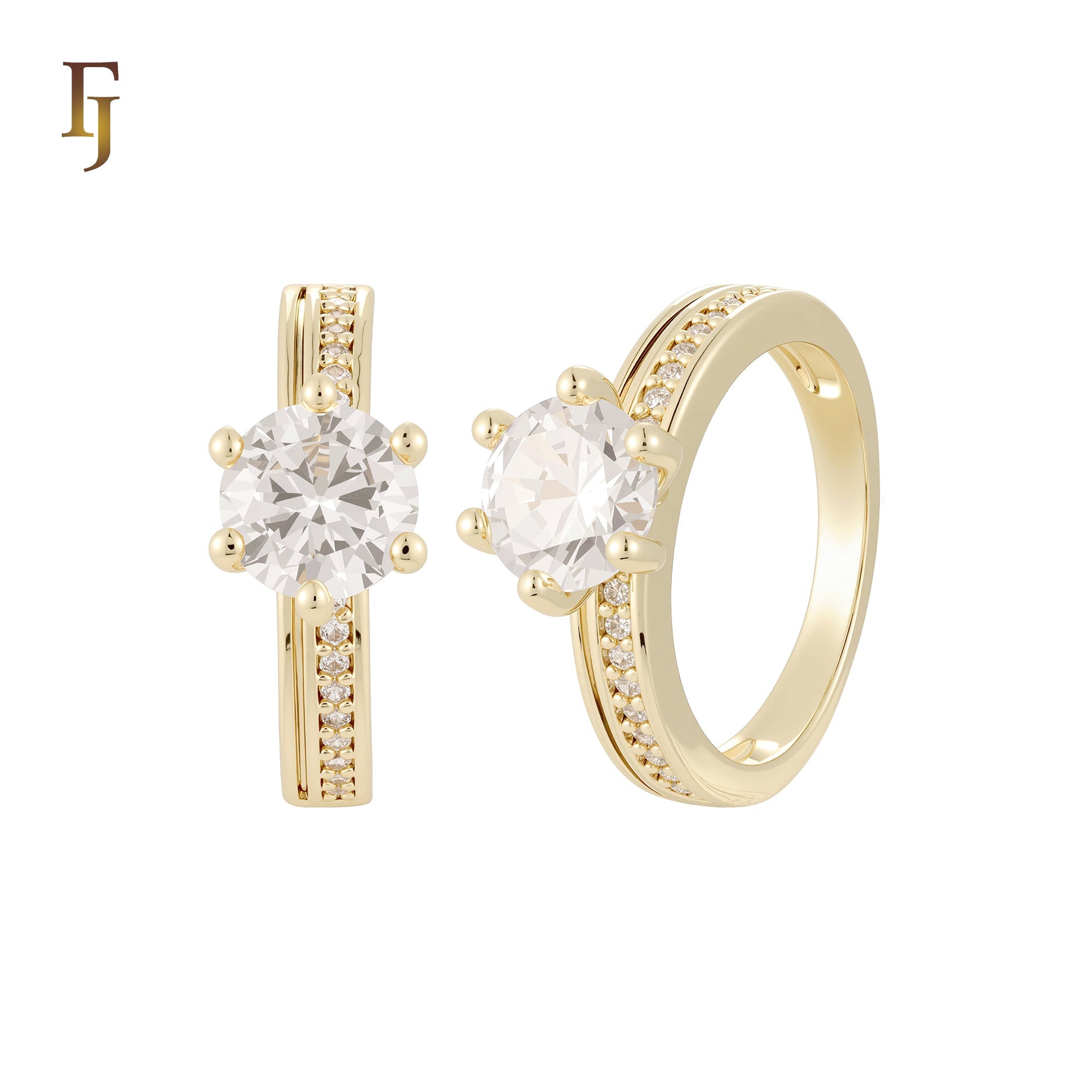 Solitaire white CZs band single paved white CZs 14K Gold, Rose Gold Wedding Set Rings