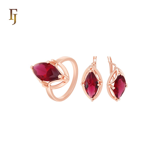 Elegant Solitaire Marquise Emerald Stone Rose Gold Jewelry Set with Rings