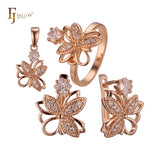 Clover Butterfly white CZs flower Rose Gold Jewelry Set with Rings and Pendant