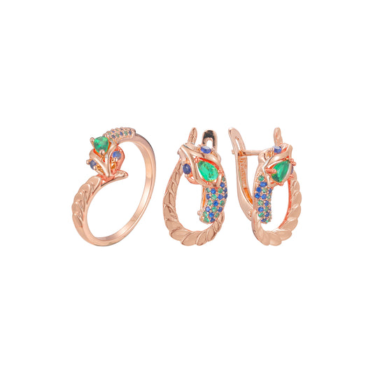 Serpiente plateada de dos tonos de oro rosa con conjunto de piedras mixtas azules y verdes