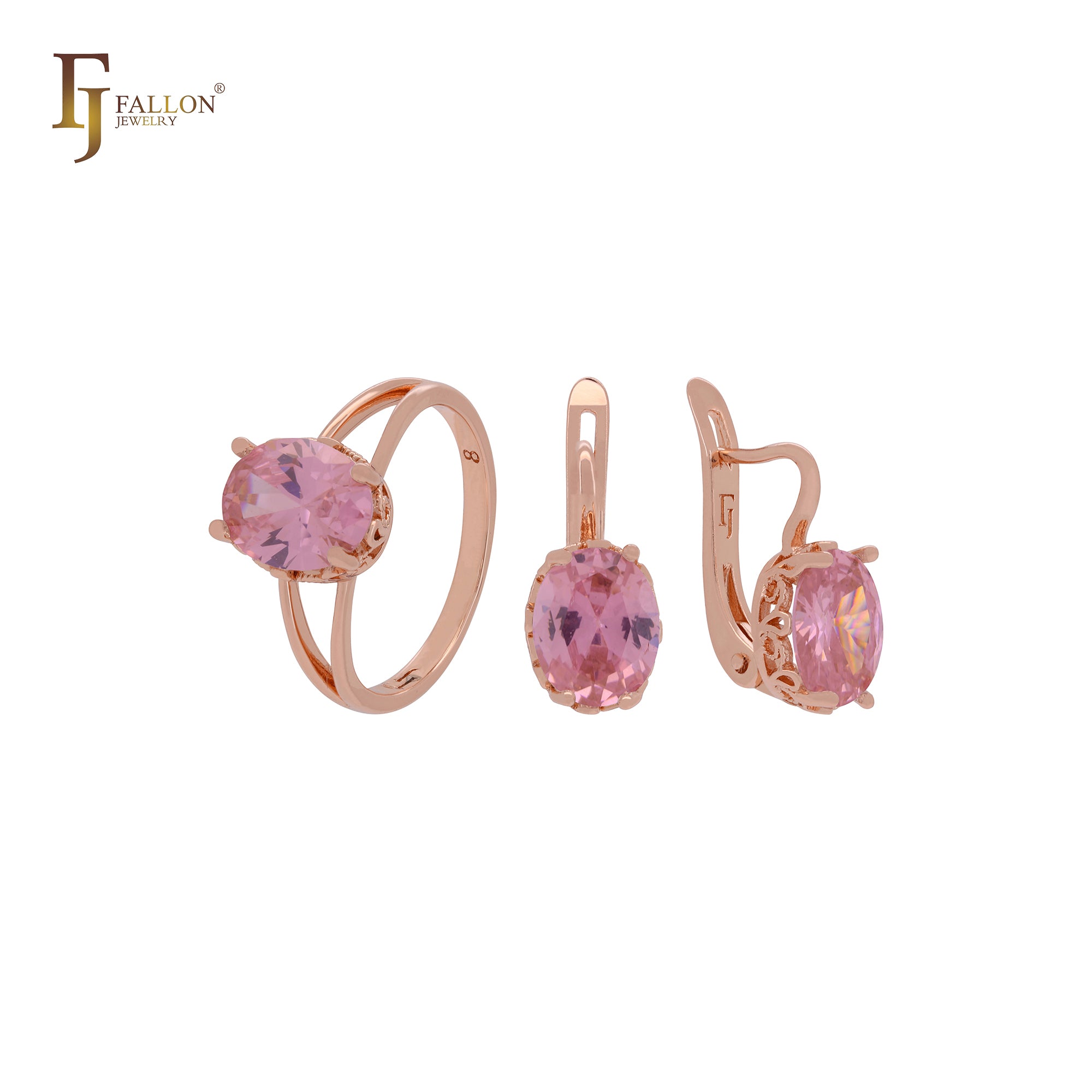 巨型椭圆形单粒白色 CZ 玫瑰金首饰套装，配戒指