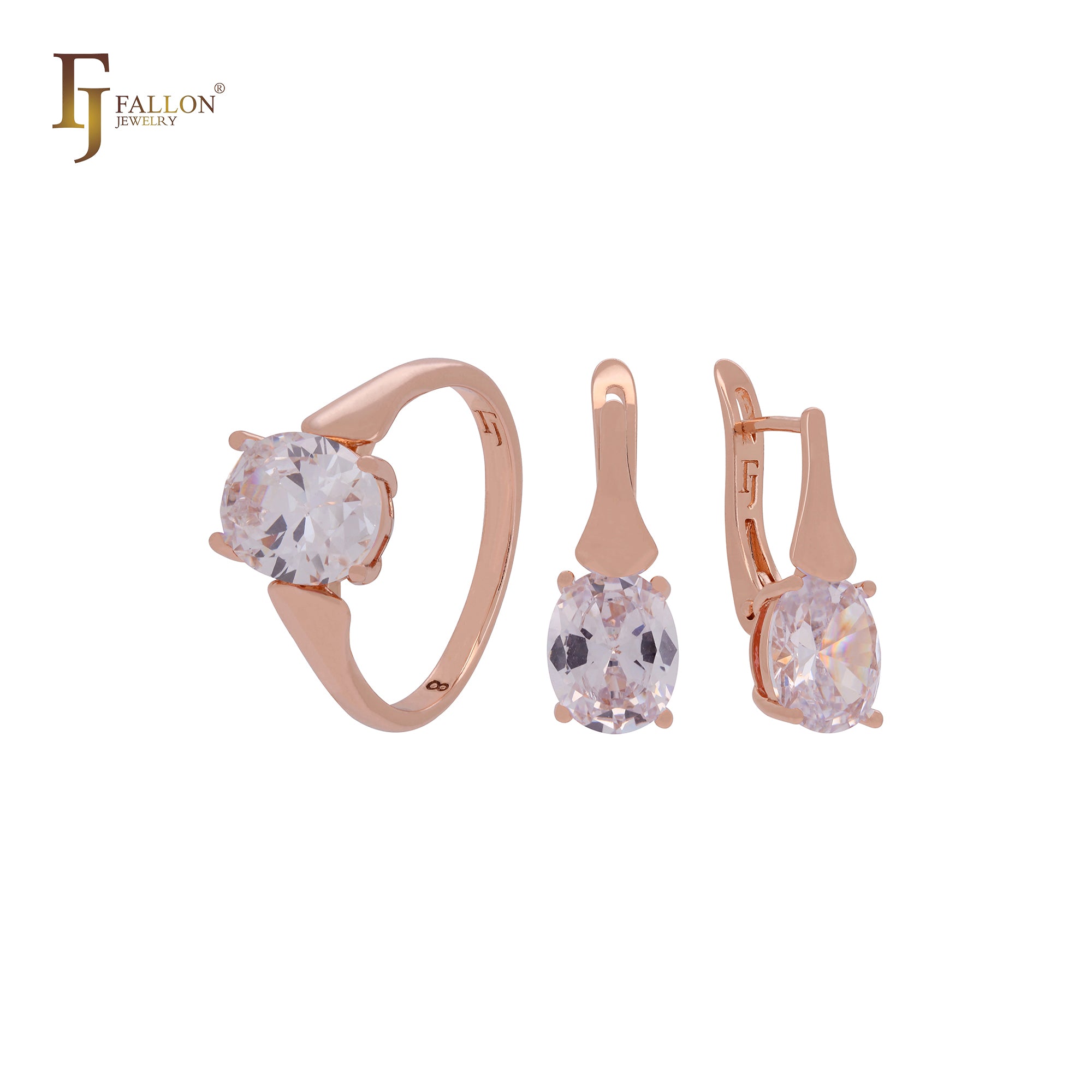 Conjunto de joias de ouro rosa com zircônia cúbica oval e quatro garras com anéis