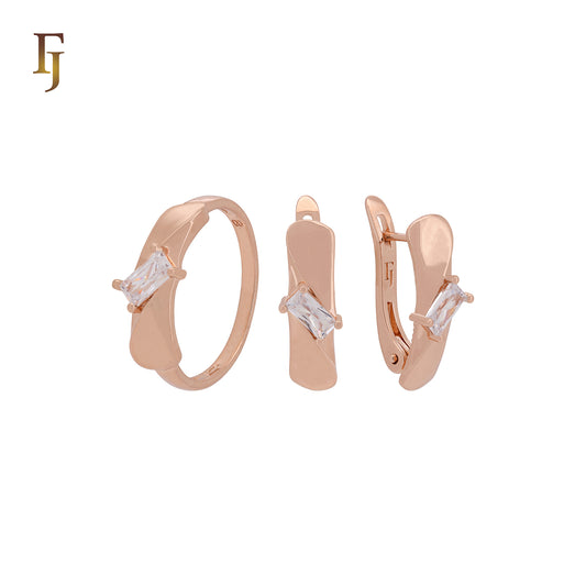 Sided white CZs squared solitaire Rose Gold Jewelry Set with Rings