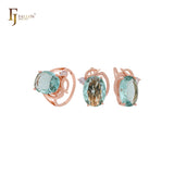 Riesiger ovaler großer Solitär mit weißen, orangefarbenen oder seeblauen Zirkonia. Luxuriöses Schmuckset aus Roségold mit Ringen