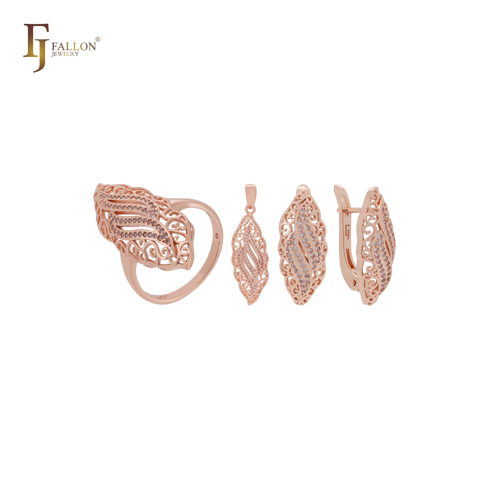 Marquise-Schmuckset aus 14 Karat Gold und Roségold mit gedrehtem, komplexem Filigrandesign und Ringen und Anhänger