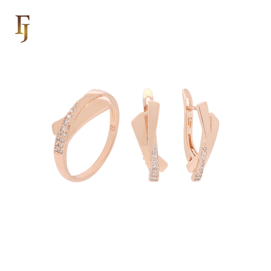 Conjunto de joias em dois tons de ouro rosa com anéis e fitas triangulares entrelaçadas com zircônias cúbicas brancas