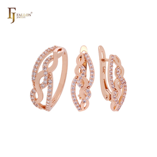 Conjunto de joyas de oro rosa con anillos y lazos cruzados entrelazados