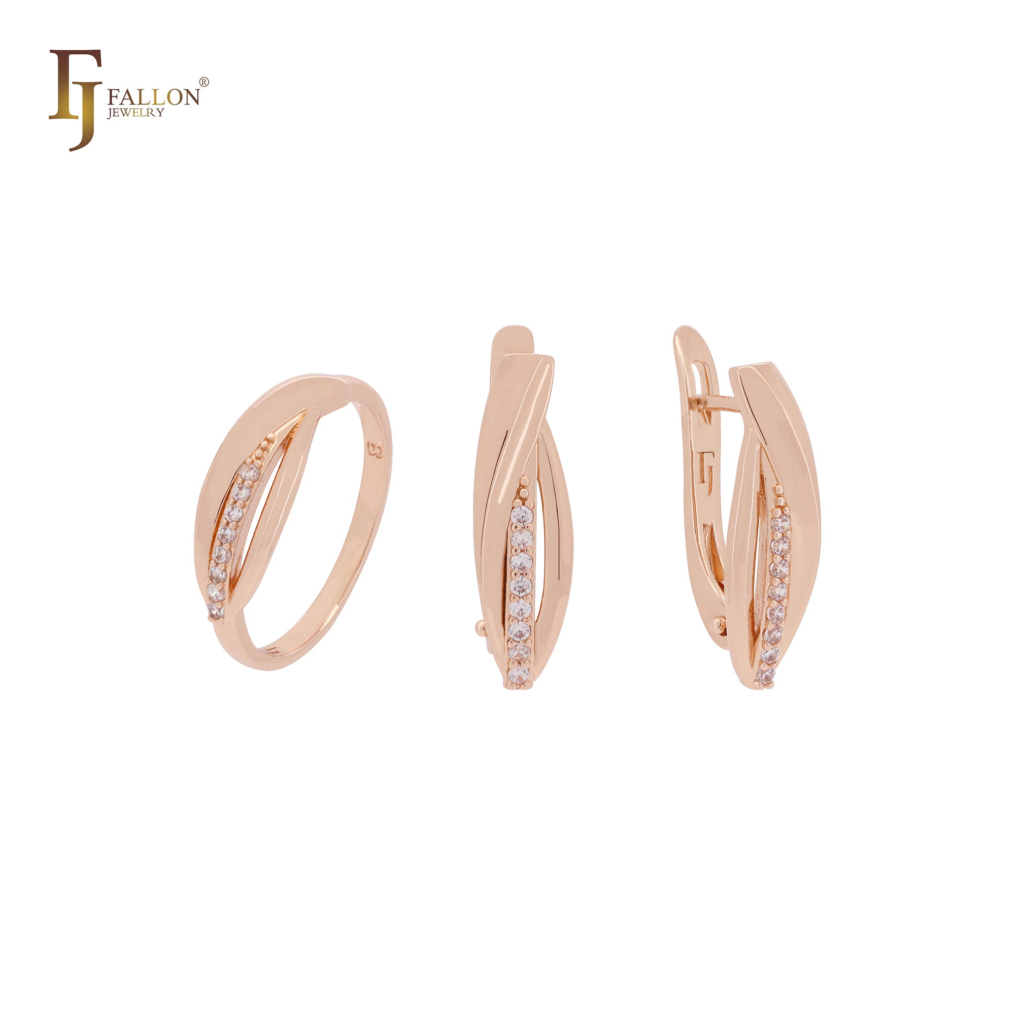 Conjunto de joyas de oro rosa con anillos y una sola fila de circonitas blancas