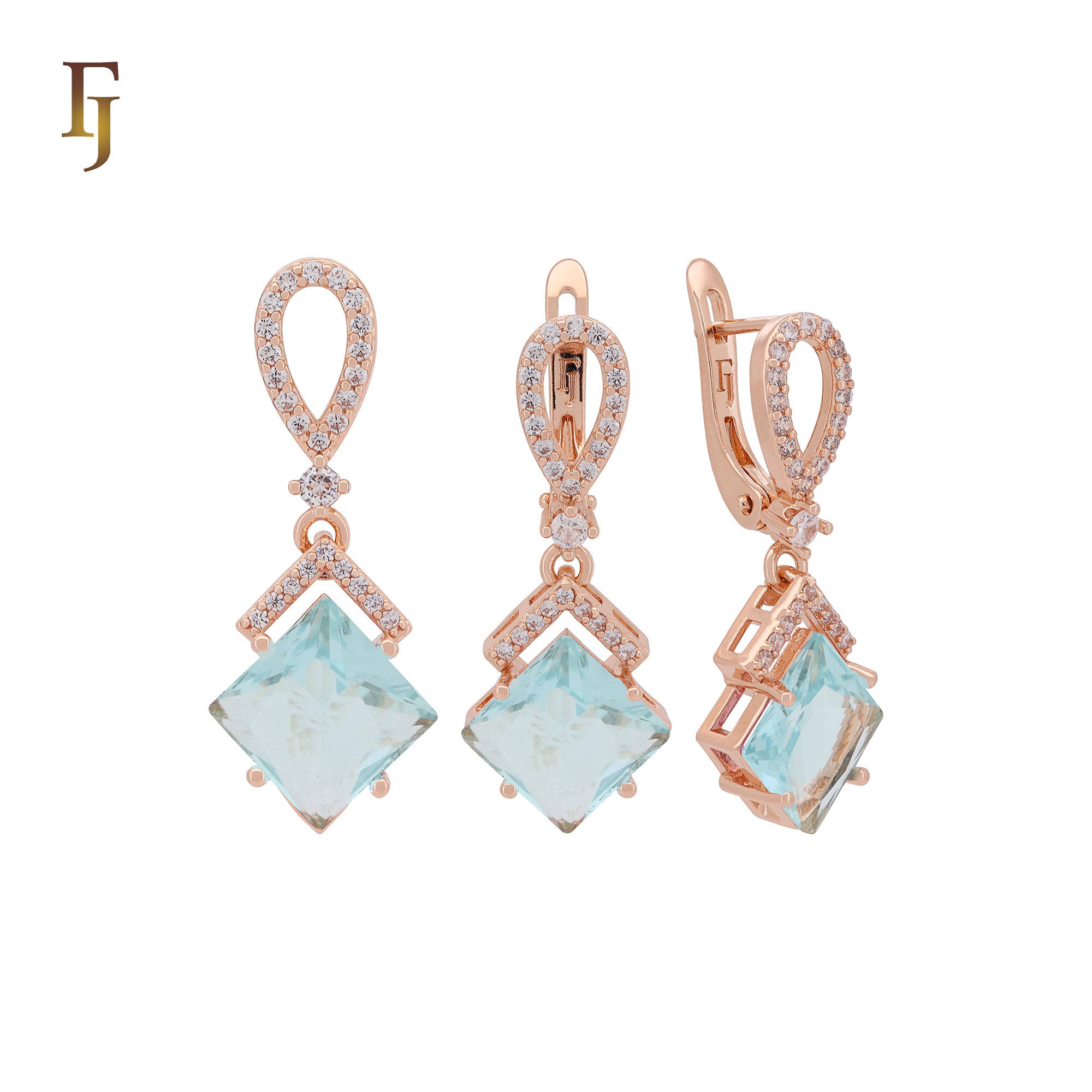 Conjunto de joyas de oro rosa con colgante en forma de rombo colgante de circonita azul lago con banda de circonitas blancas