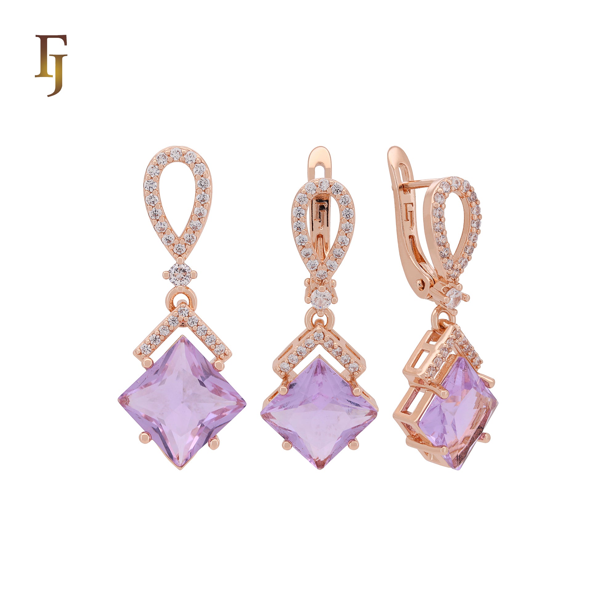 Conjunto de joyas de oro rosa con colgante en forma de rombo colgante de circonita azul lago con banda de circonitas blancas