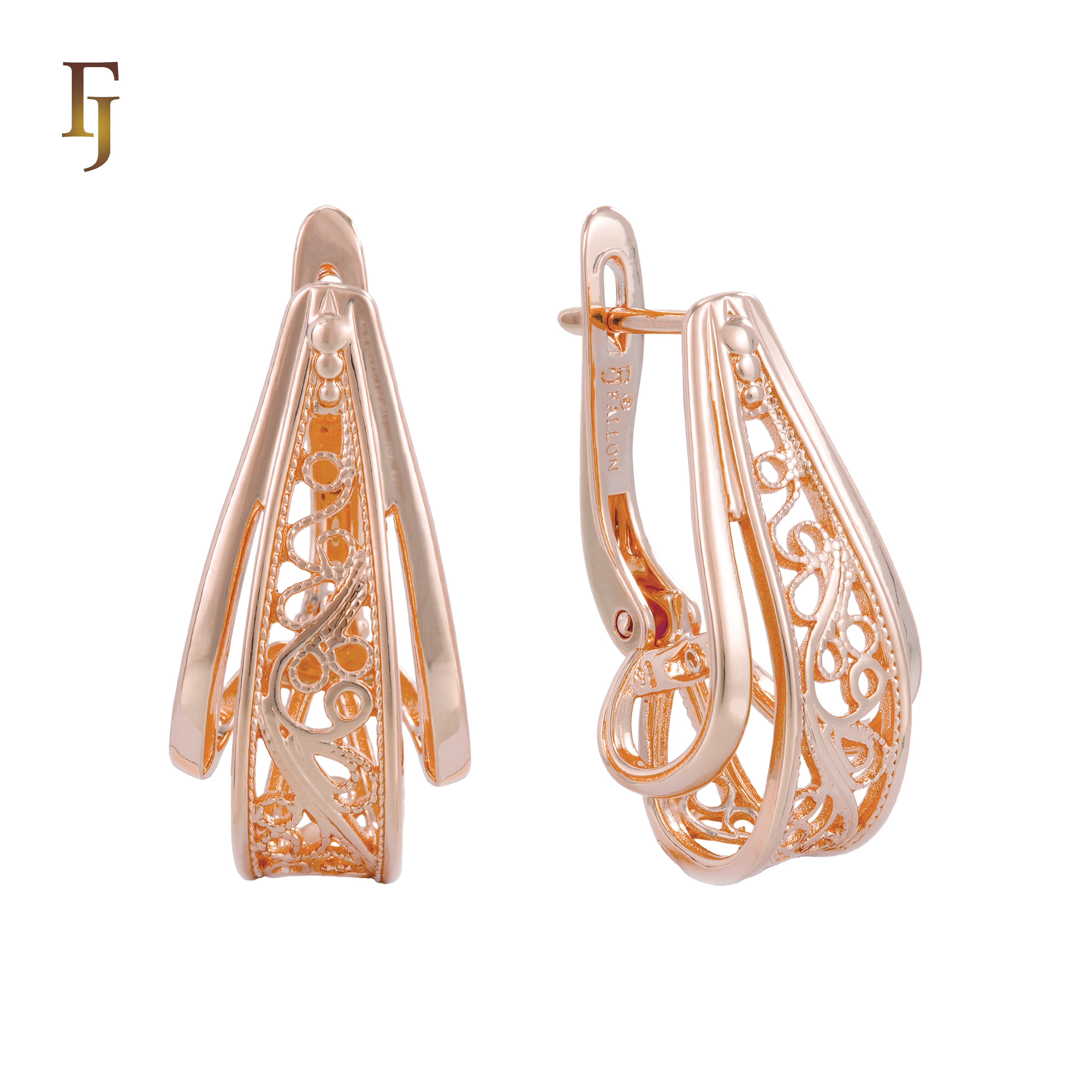 Pendientes de clip de dos tonos con filigrana ondulada en oro blanco y oro rosa