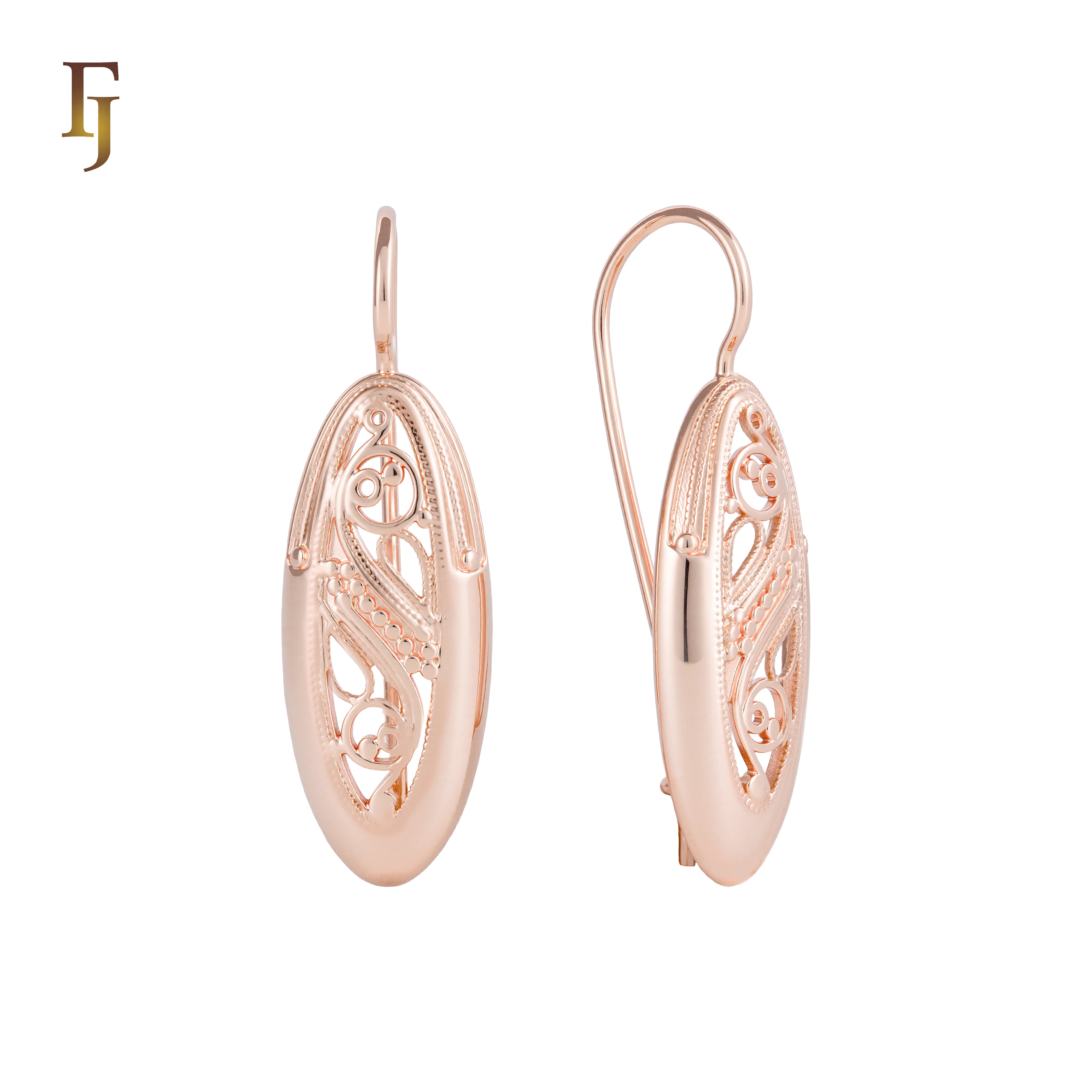 Pendientes de gancho de alambre de oro rosa y oro de 14 quilates con filigrana ondulada ovalada
