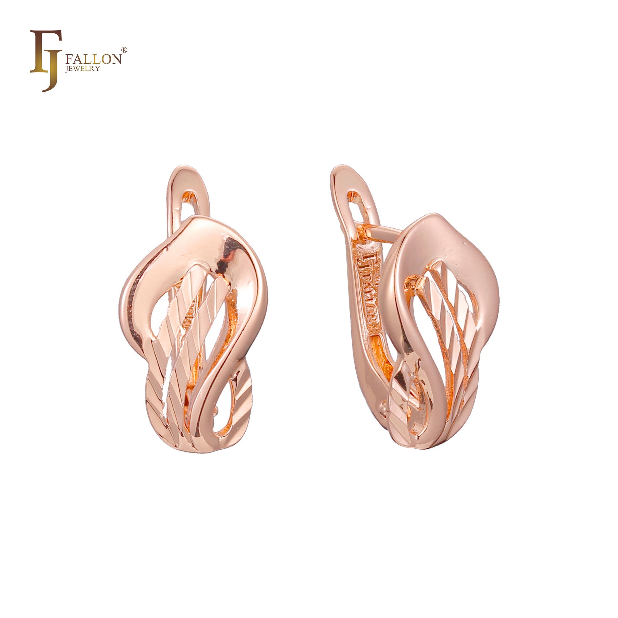 Danving leaves leaf textured 14K Gold, Rose Gold, two tone Russian Lock Earrings