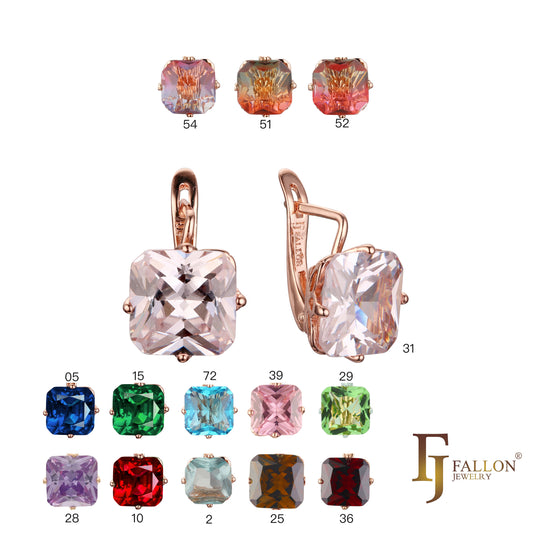 🔥 Gold Plated Russian Lock Earrings with Blue Princess-Cut Stone for Elegant Occasions