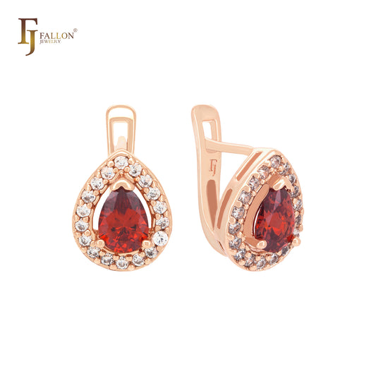 Pendientes de clip de oro rosa con circonitas rojas y halo en forma de lágrima