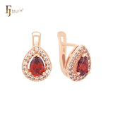 Pendientes de clip de oro rosa con circonitas rojas y halo en forma de lágrima